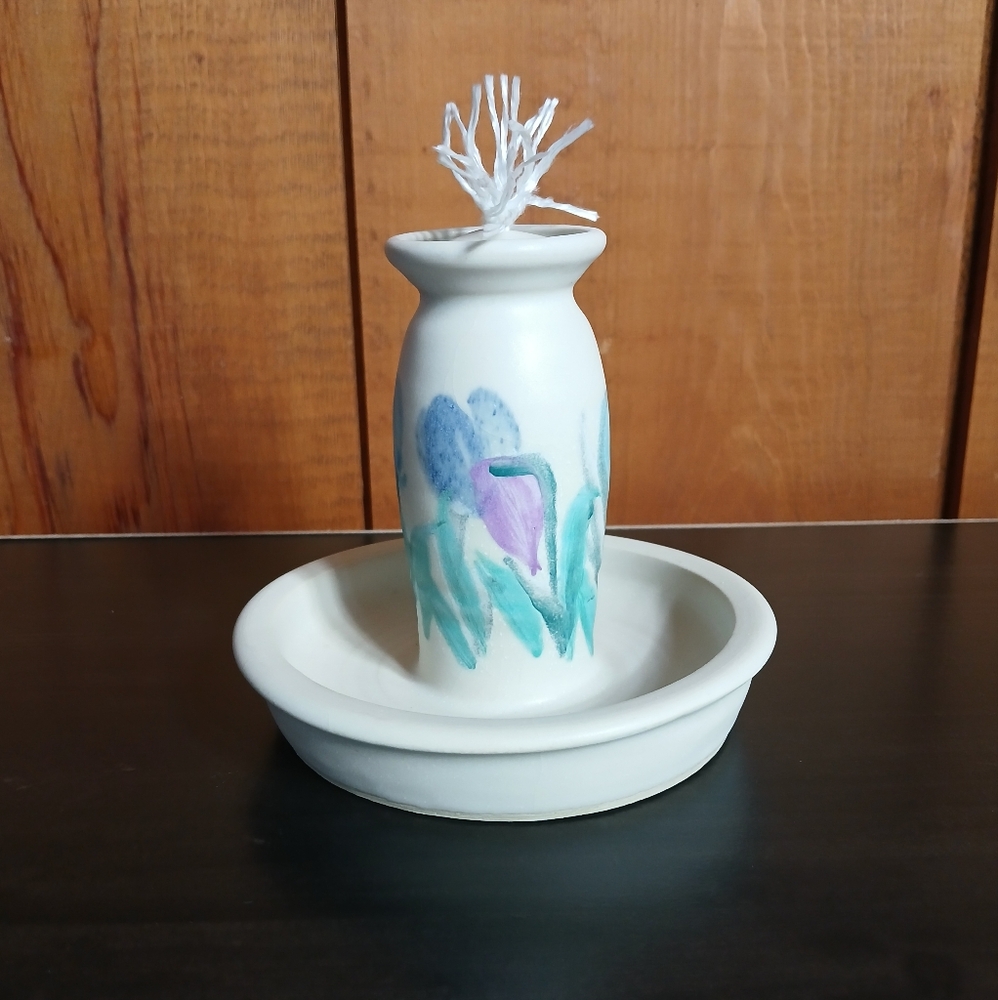 Studio Art Pottery Floral Oil Lamp with Wick & Top